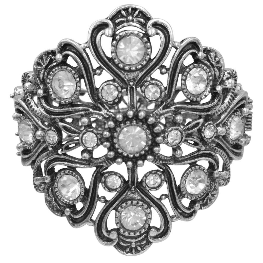 Large Filigree Clear Rhinestone Silver Chunky Hinged Bangle Bracelet